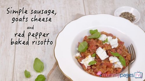 Sausage, goats cheese & red pepper baked risotto